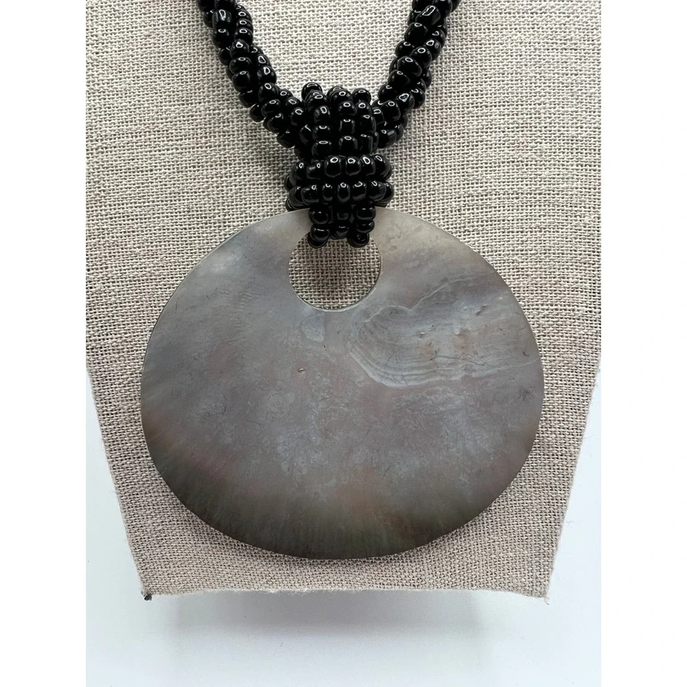 Black Seed Bead Necklace Shell Pendant Coastal Boho Statement Black Shell